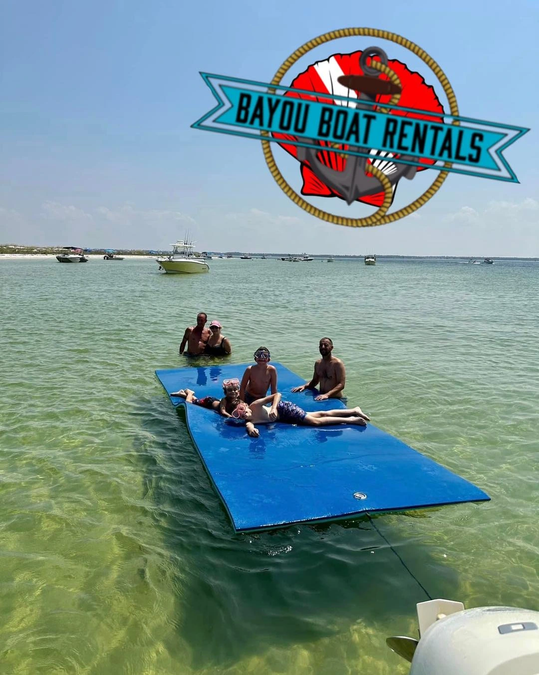 a group of people laying and sitting on a lily pad rental behind a pontoon boat in port st joe florida